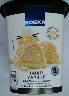 Tahiti Vanilleeiscreme mit 14% Milchcreme und 7,5% weißen Schokoladenstückchen.