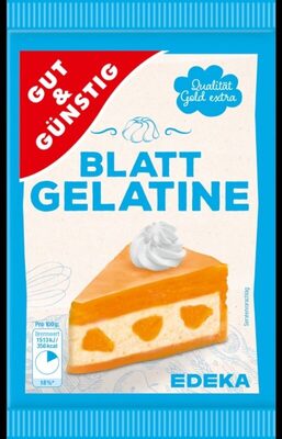 Edeka Gut & Günstig Blattgelatine  Produktinformationen Qualität extra gold zur Herstellung von Cremes, Gelees, Süßspeisen und Tortenfüllungen für kalte und warme Speisen Inhalt: 20 g Kategorie: Gelatine