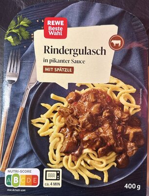 Rewe Beste Wah Rindergulasch mit Spätzle in pikanter Sauce 4337256640190 Rindergulasch in pikanter Sauce mit Eierteigwaren
