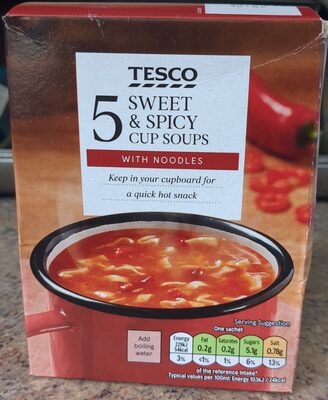 t 5 TESCO SWEET & SPICY CUP SOUPS WITH NOODLES Kee