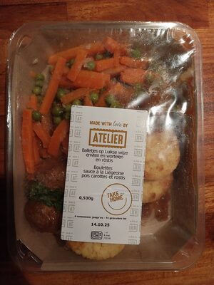 Boulettes sauce à la liégeoise pois carottes et rostis