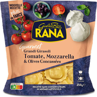 Ravioli tomate, mozzarella, olives concassées