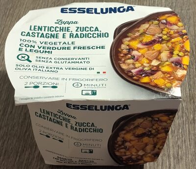 Zuppa di lenticchie, zucca, castagne e radicchio