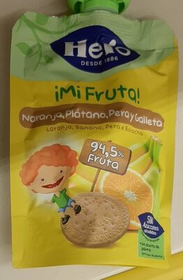 Naranja, plátano, pera y galleta