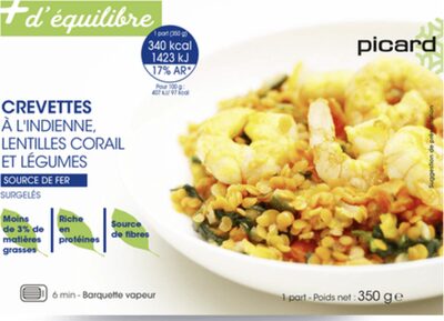 Crevettes à l'indienne, lentilles corail et légumes