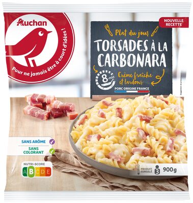 Torsades à la carbonara, crème fraîche et lardons