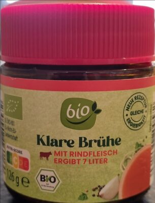 ALDI BIO RIND Klare Brühe mit Rindfleisch Bio-Brühe  Ergiebigkeit ca.7 Liter kontrolliert ökologische Erzeugung 126g Glas 1.39€ 1l 0.20€ 1kg 11.03€