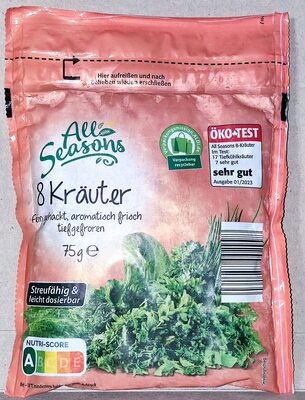 ALDI ALL SEASONS Tk- GEWÜRZE KRÄUTER  8 Kräuter, fein gehackt Aus der Tiefkühlung 0.95 Beutel 1kg 12.67€ 2024 0,95€ 1kg 12,67€