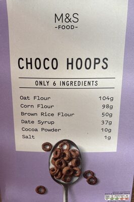 CHOCOLATE FLAVOURED OAT, MAIZE AND BROWN RICE HOOPS SWEETENED WITH DATE SYRUP
